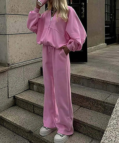 Pink Loose Zipper Drawstring Office Two Piece Set