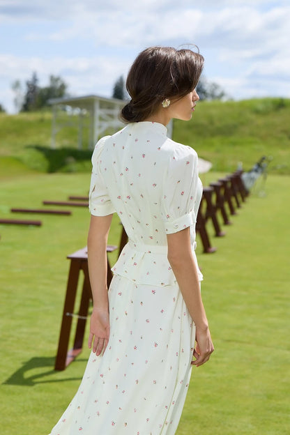 Puff Sleeve Floral Stand Collar Waist Cinch Two Piece Set