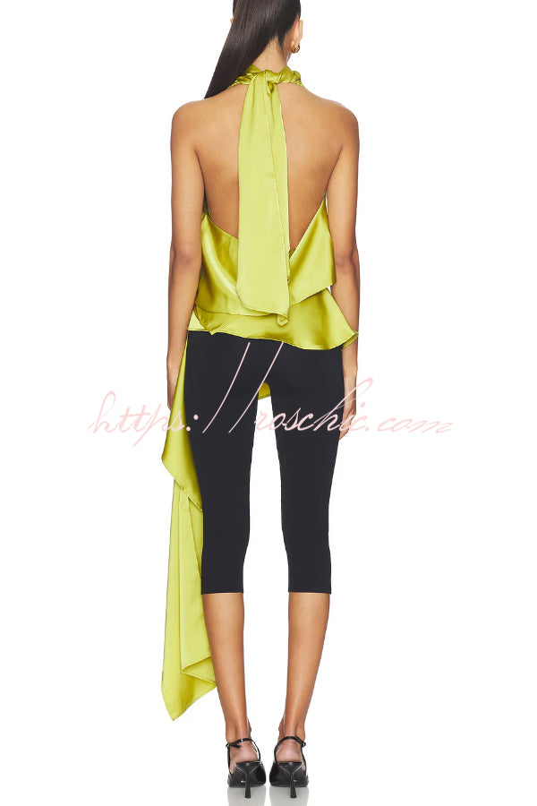 Misty Aura Satin Halter Tie-up Neck Open Back Drape Hem Top