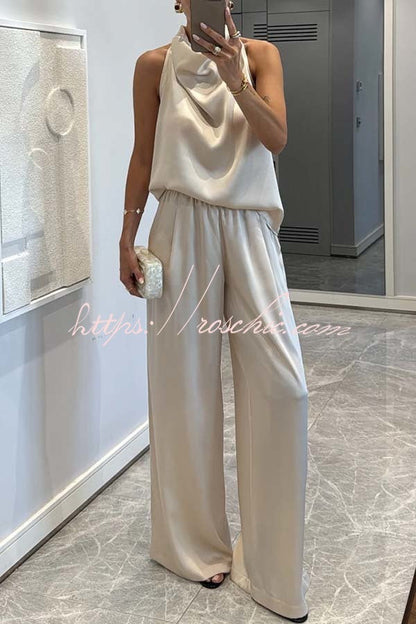 Classic on You Satin High Cowl Neck Top and Elastic Waist Pocket Loose Pants Set