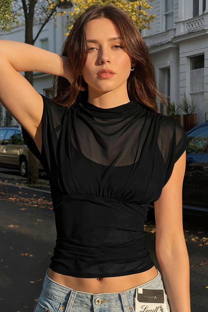 Blusa sin mangas de malla con cuello redondo y color sólido