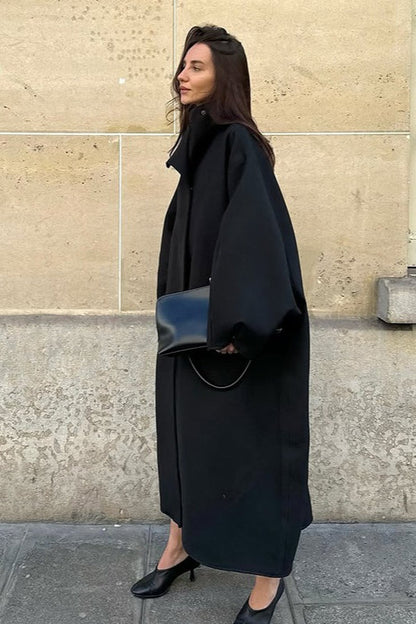 Stand Collar Batwing Sleeve Longline Loose Wool Overcoat