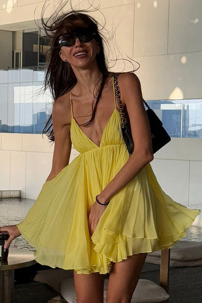 Minivestido con Tirantes de Escote en V, Cintura Alta, Liso, Suelto y Fluido