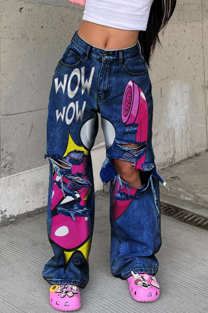 Vaqueros estampados holgados de tiro medio