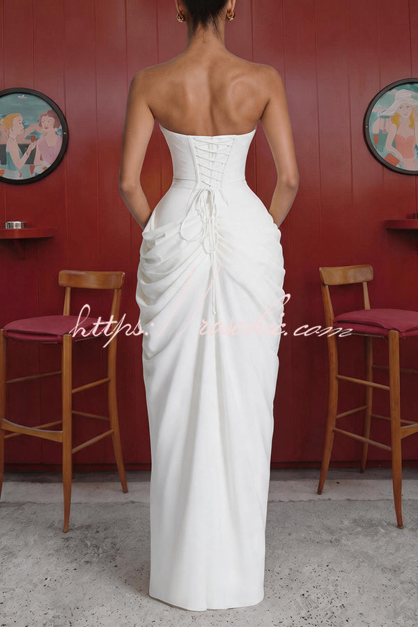 Cyra Back Lace-up Asymmetrical Pleats Strapless Slit Maxi Dress