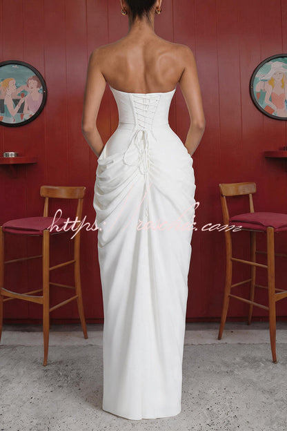 Cyra Back Lace-up Asymmetrical Pleats Strapless Slit Maxi Dress