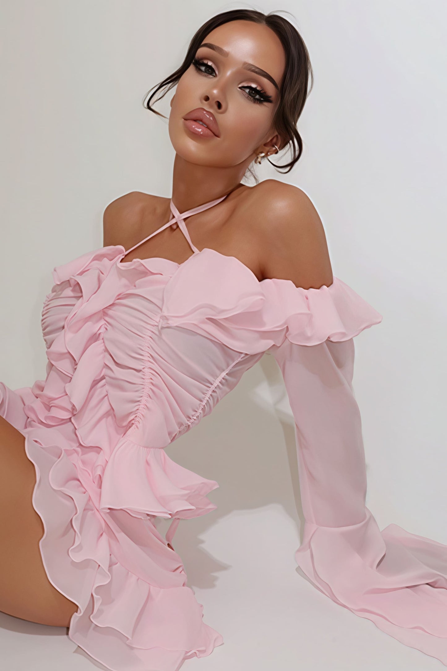 Conjunto Elegante de Falda con Volantes y Manga Larga sin Hombros