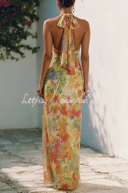 Lauria Chiffon Floral Print Ruched Waist Halter Tie-up Neck Backless Maxi Dress