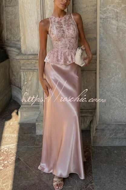 Siena 3D Floral Trim Lace Crew Neck Sleeveless Drape Satin Hem Maxi Dress