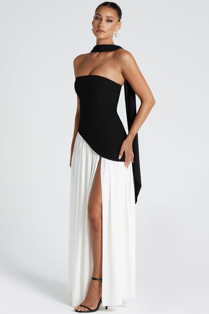 Vestido formal estilo bustier fluido con bloques de color y nudo