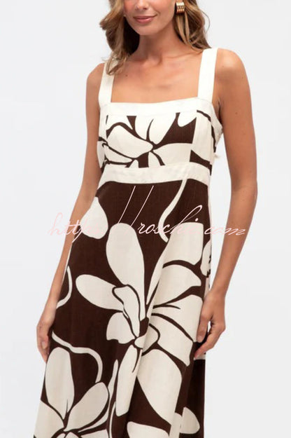 Color-blocked Floral Print Square Neck Sleeveless Casual Maxi Dress