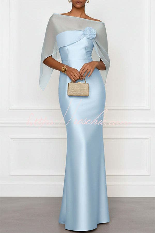 Lucero 3D Floral Satin Boat Neck Short Sleeve Sheath Capelet Gown Maxi Dress