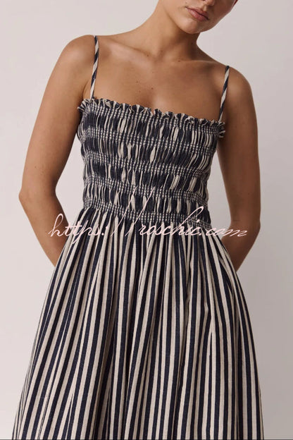 Striped Print Spaghetti Strap Pleated Pocket Casual Vacation Maxi Dress