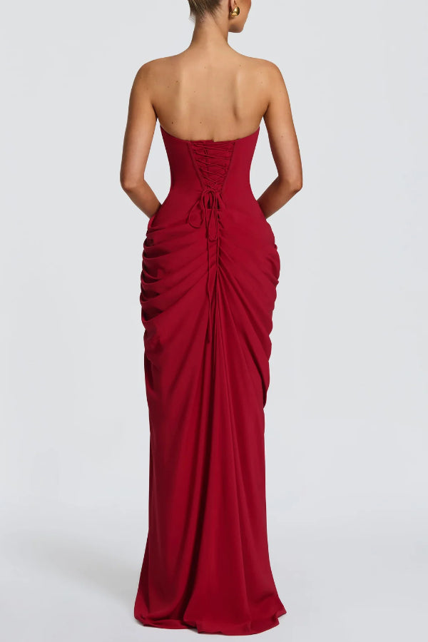 Cyra Back Lace-up Asymmetrical Pleats Strapless Slit Maxi Dress（Buy 2 Get Free Shipping）
