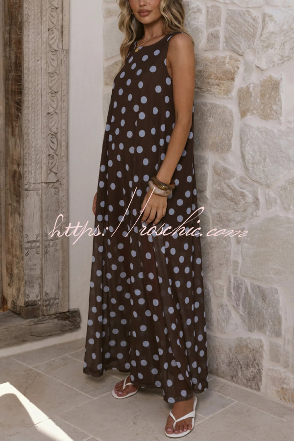Polka Dot Print Loose Round Neck Sleeveless Mesh Casual Maxi Dress