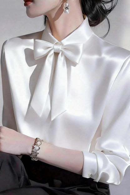 Solid Color Lapel Bow Tie Long-sleeved Casual Shirt