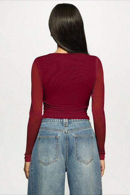Camiseta de manga larga chic de tul de doble capa con pedrería