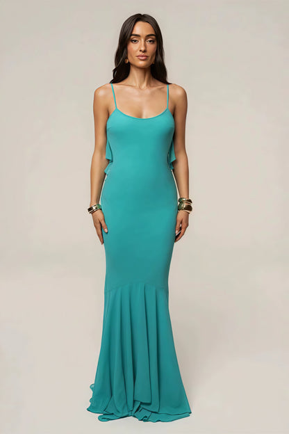 Elegante Vestido Largo con Volantes y Espalda Abierta