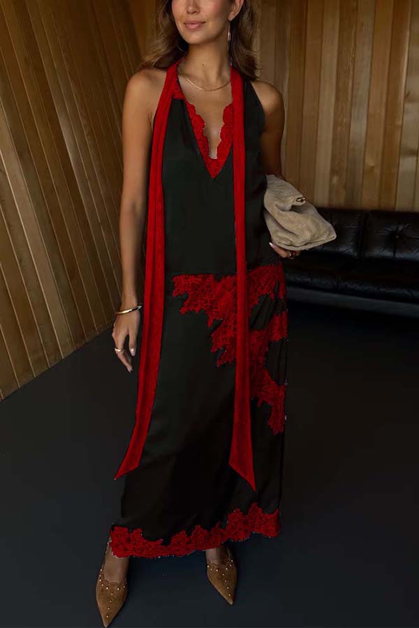 Sunday Social Contrast Color Satin Lace Trim Neck Strap Loose Tank (Shipped Within 24 Hours)