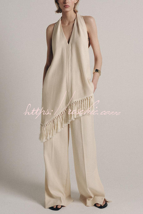Kortnie Linen Blend Tassel Hem Halter A-line Top and High Rise Pocket Wide Leg Slit Pants Set