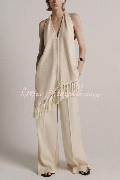 Kortnie Linen Blend Tassel Hem Halter A-line Top and High Rise Pocket Wide Leg Slit Pants Set