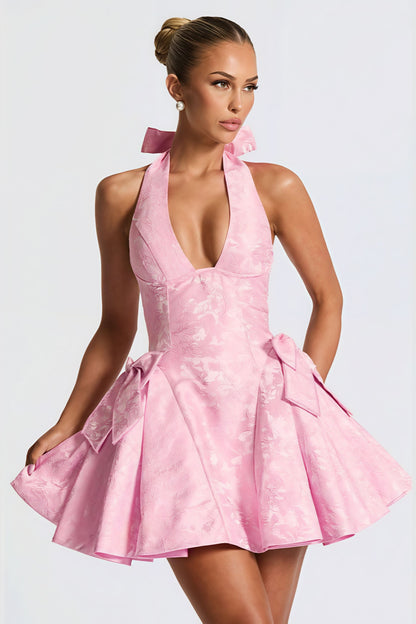 Minivestido Jacquard con Lazos y Cuello Halter en V