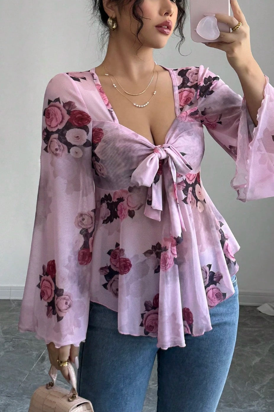 Blusa Manga Larga con Cuello Cuadrado, Diseño Floral Tie Dye y Lazos