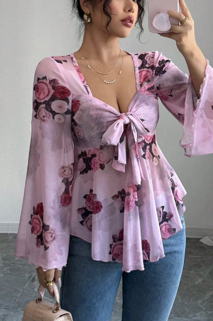 Blusa Manga Larga con Cuello Cuadrado, Diseño Floral Tie Dye y Lazos