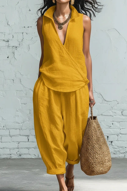 Linen Blend Collared Sleeveless Loose-fitting Top and Elastic Waist Pocket Casual Pants Set
