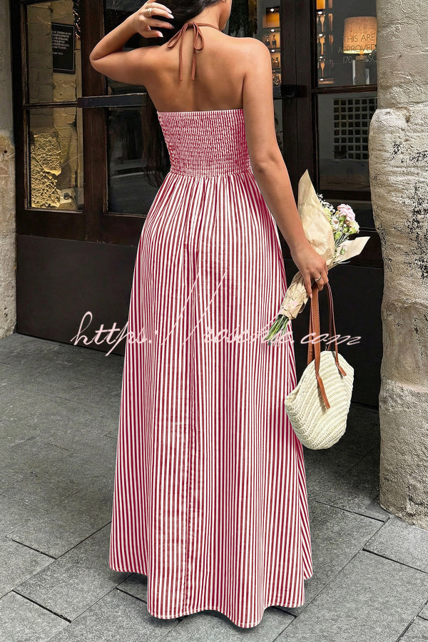 Striped Print V-Neck Sleeveless Backless Holiday Maxi Dress