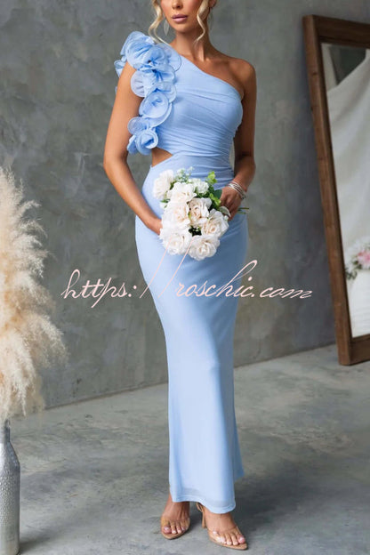 Fashionable Mesh Sleeveless One-shoulder Waist-revealing Maxi Dress
