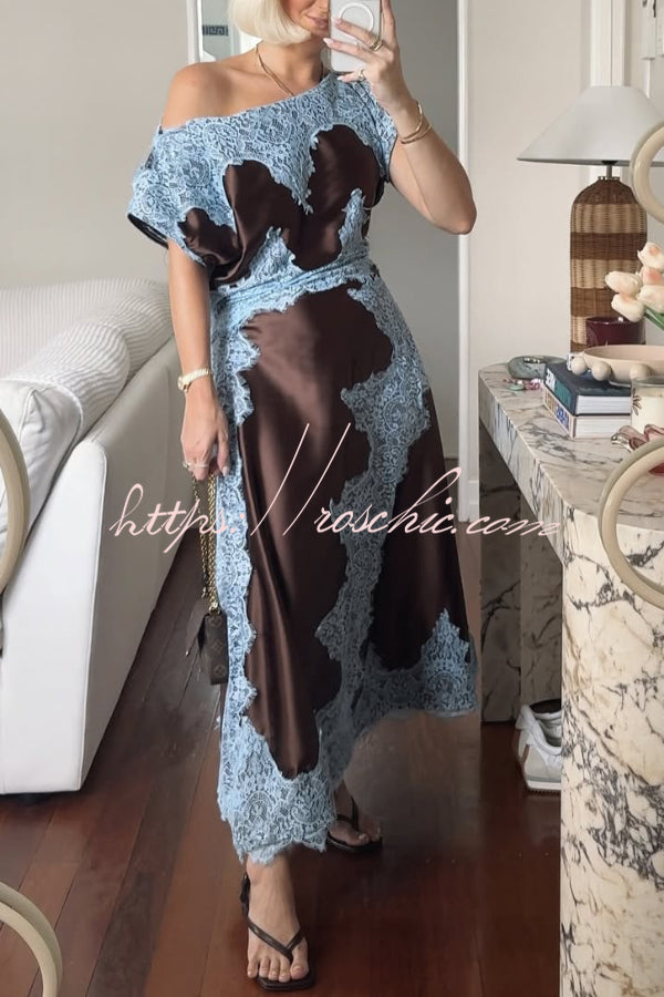 Fashionable Satin Lace Patchwork Asymmetrical Neckline and Fitted Waist Maxi Dress