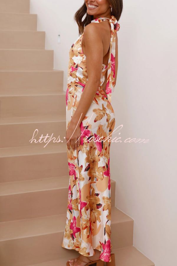 Floral Print Sleeveless Halter Neck Tie Holiday Maxi Dress