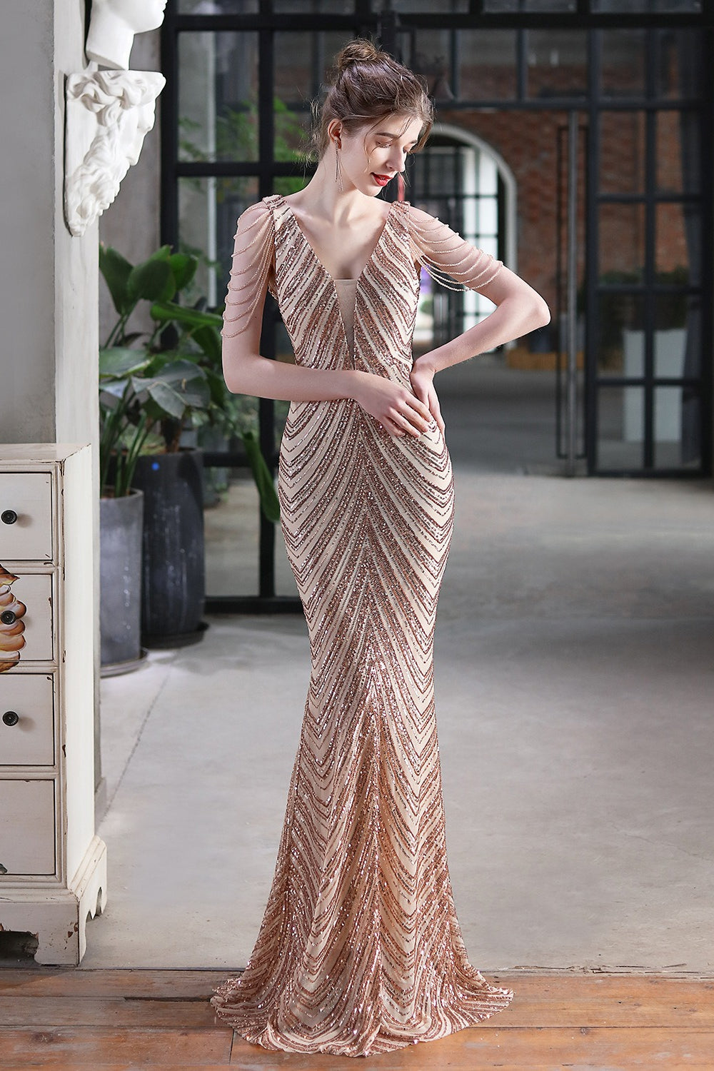 Elegante vestido de fiesta de sirena con lentejuelas