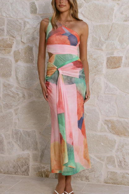 Unique Printed One-Shoulder Cutout Fitted Lace-Up Maxi Dress