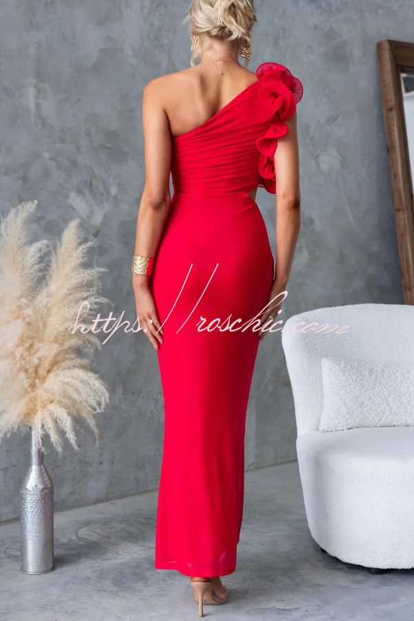 Fashionable Mesh Sleeveless One-shoulder Waist-revealing Maxi Dress