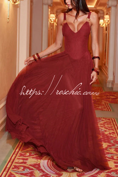 Solid Color V-neck Sleeveless Slim-fit Elegant Mesh Maxi Dress