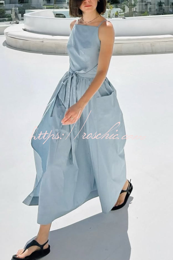 Solid Color Sleeveless Side Slit Tie-up Casual Vacation Pocket Maxi Dress