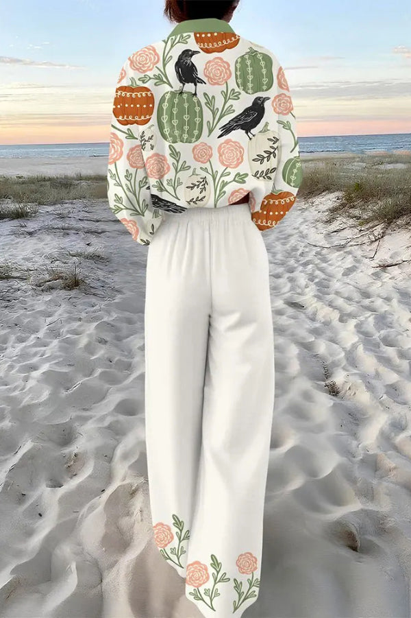 Crow and Pumpkin Print Oversized Shirt and Elastic Waist Pocket Pants Set