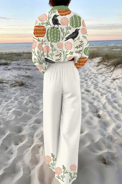Crow and Pumpkin Print Oversized Shirt and Elastic Waist Pocket Pants Set