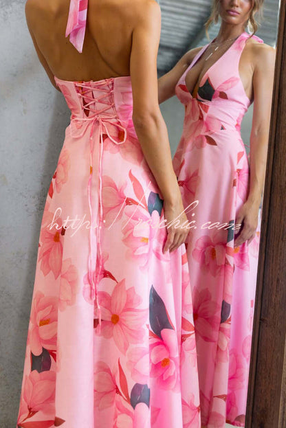 Floral Print V-neck Backless Tie-up Fitted Waist Elegant Maxi Dress