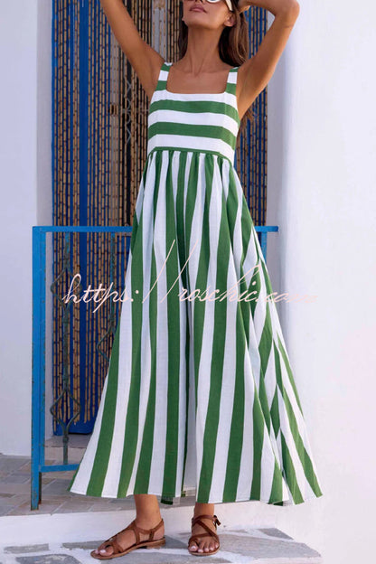 Fashionable Striped Printed Square Neck Sleeveless Casual Vacation Maxi Dress