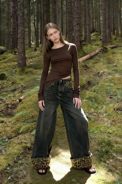 Retro Leopard Print Wide Leg Jeans