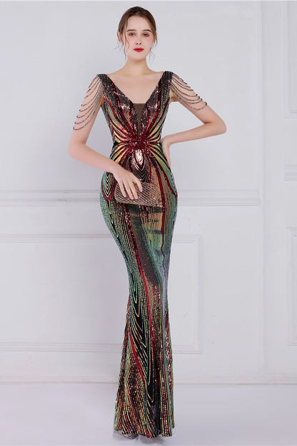 Vestido de fiesta de sirena con lentejuelas florales y pedrería