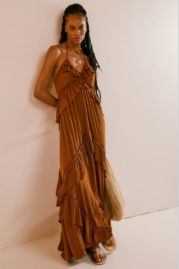 Solid Color V Neck Backless Strappy  Boho Dress