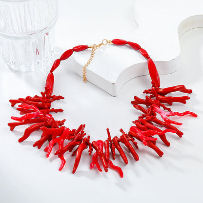 Bohemian Red Coral Necklace Two-piece Set