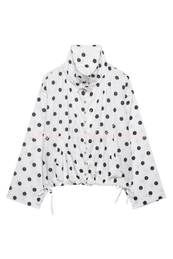 Polka Dot Print Loose Stand Collar Button Bow Tie Casual Long-sleeved Jacket
