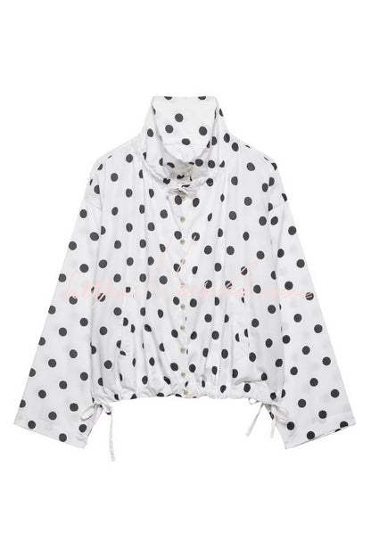 Polka Dot Print Loose Stand Collar Button Bow Tie Casual Long-sleeved Jacket