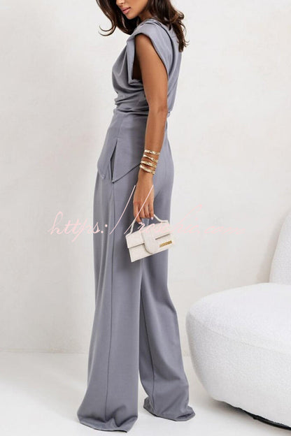Jordy Ruched Shoulder Slit Top and Elastic Waist Pocketed Wide Leg Pants Set
