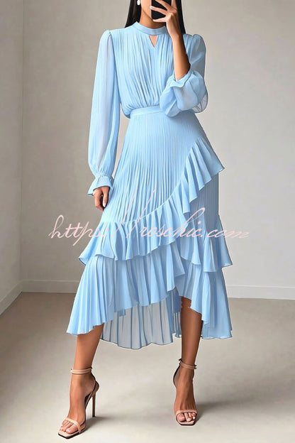 Solid Color Round Neck Long Sleeve Fitted Waist Pleated Ruffle Midi Dress